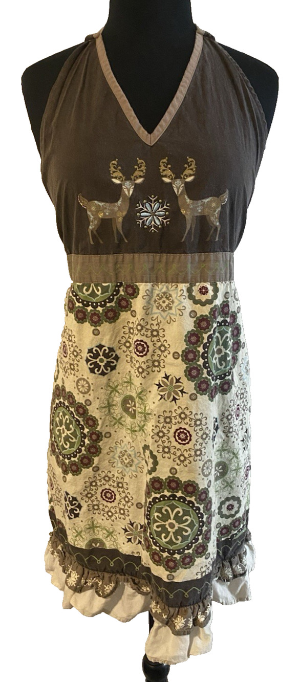 Vtg Womens Boho Holiday Christmas Cotton Cooking Apron Bar Pinafore Sparkly Deer
